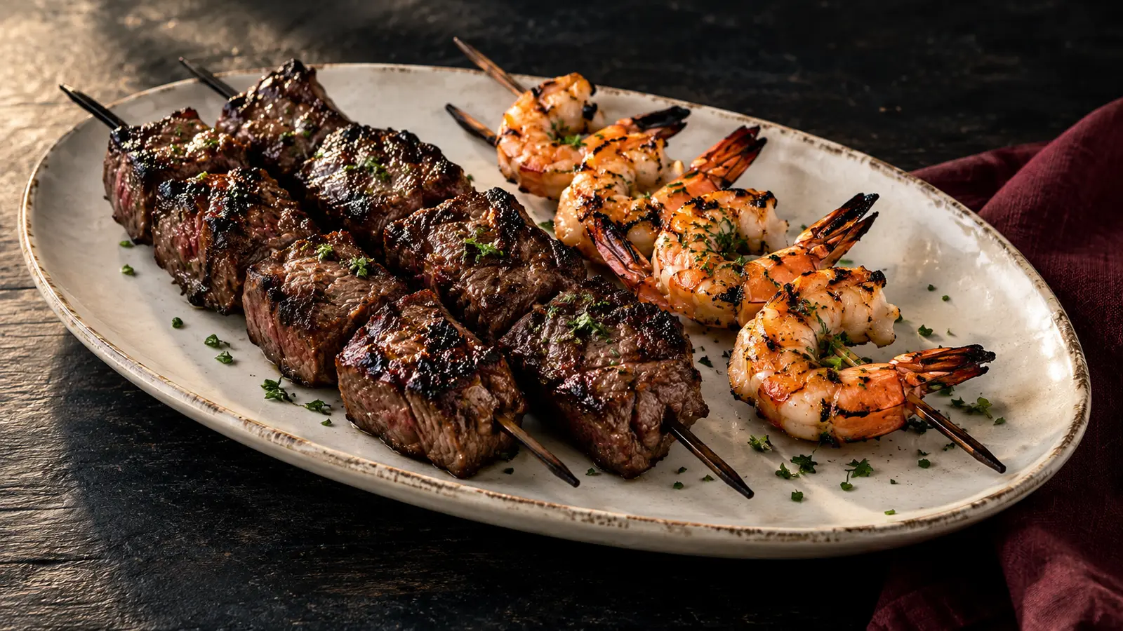 Char-grilled steak and prawn skewers on an ivory platter